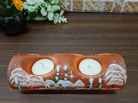 Orange Glass Double  Candle Holder  - White Cabins Yule Log Style