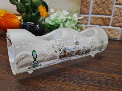 Frosted Glass Double Candle Holder  - White Church Yule Log Style