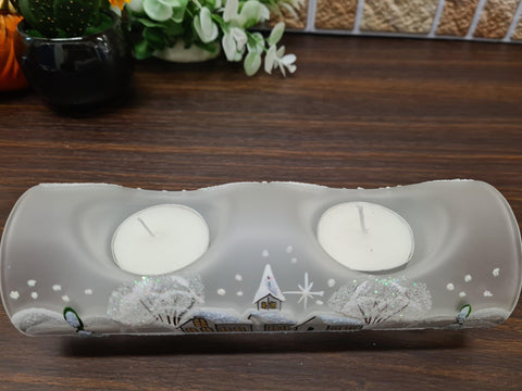 Frosted Glass Double Candle Holder  - White Church Yule Log Style