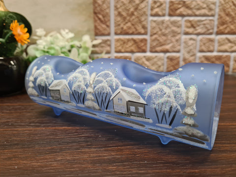 Light Blue Glass Double Candle Holder  - White Church Yule Log Style