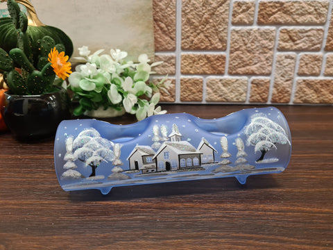 Light Blue Glass Double Candle Holder  - White Church Yule Log Style