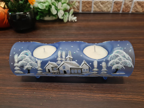 Light Blue Glass Double Candle Holder  - White Church Yule Log Style