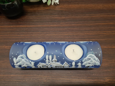 Light Blue Glass Double Candle Holder  - White Church Yule Log Style