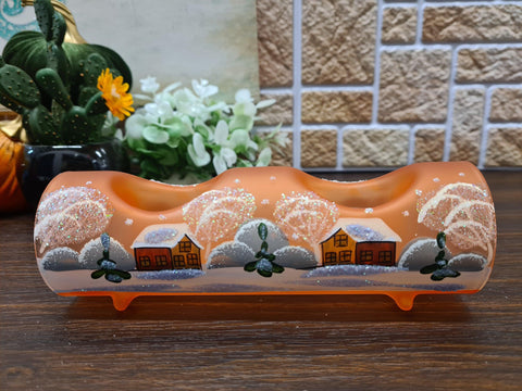 Orange Glass Double Candle Holder  - Brown Cabins Yule Log Style