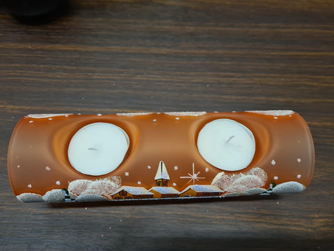 Orange Glass Double Candle Holder  - Brown Cabins Yule Log Style