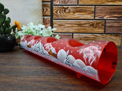 Red Glass Quad Candle Holder  - Brown Church Yule Log Style