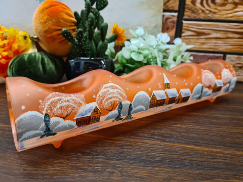 Orange Glass Quad Candle Holder  - Brown Church Yule Log Style