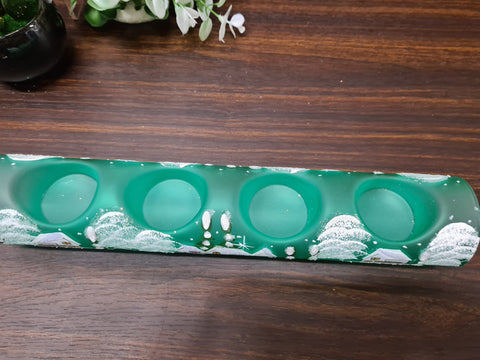 Green Glass Quad Candle Holder  - White Cabins Yule Log Style