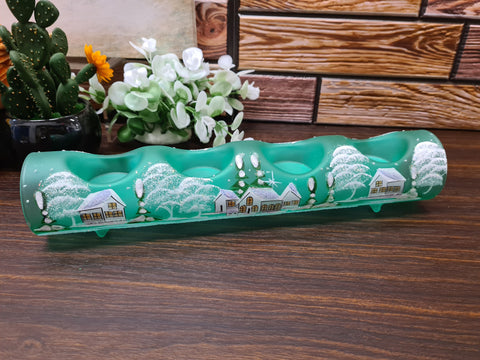 Green Glass Quad Candle Holder  - White Cabins Yule Log Style