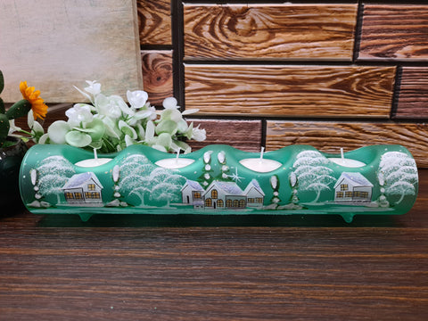 Green Glass Quad Candle Holder  - White Cabins Yule Log Style