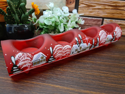 Red Glass Quad Candle Holder - White Cabins Yule Log Style