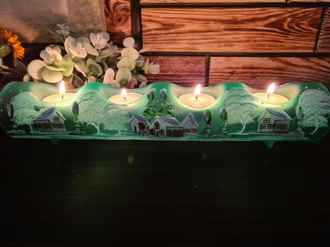 Green Glass Quad Candle Holder  - White Cabins Yule Log Style