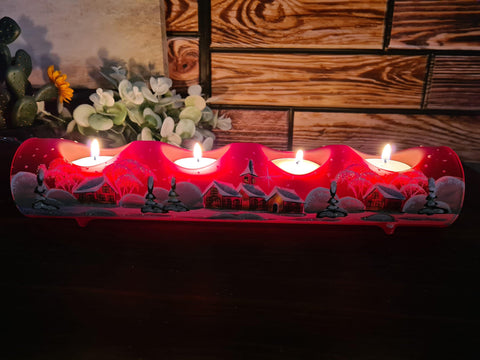 Red Glass Quad Candle Holder  - Brown Church Yule Log Style