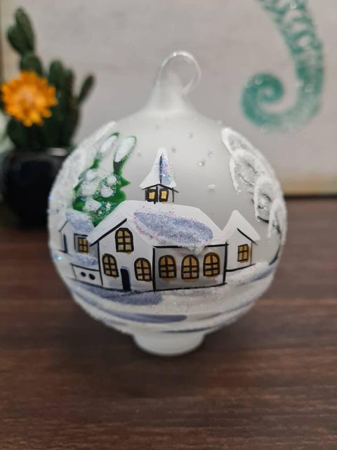 Frosted Blown Glass Ornament - Handcrafted - White Church Design