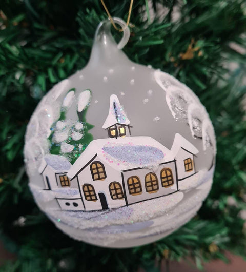 Frosted Blown Glass Ornament - Handcrafted - White Church Design