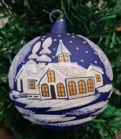 Blue Blown Glass Ornament - Handcrafted - White Church Design