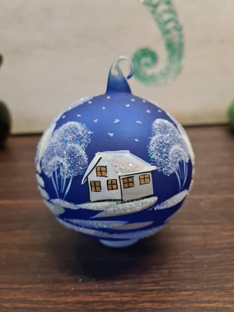 Blue Blown Glass Ornament - Handcrafted - White Church Design