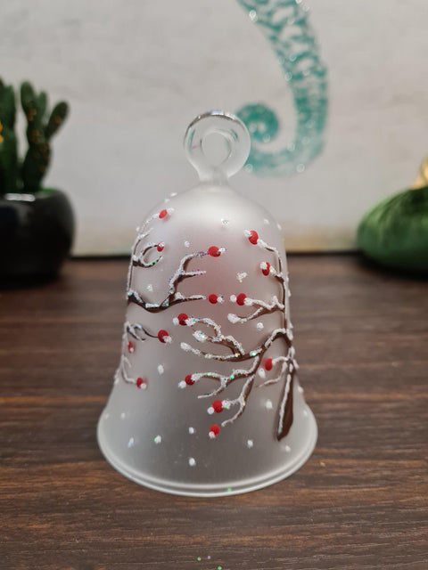 Frosted Blown Glass Bell Ornament – Red Cardinal Design with Clapper