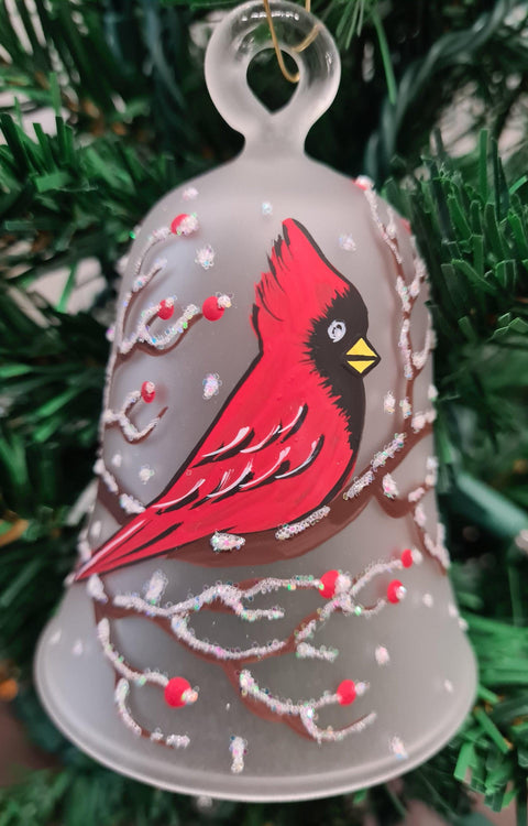 Frosted Blown Glass Bell Ornament – Red Cardinal Design with Clapper