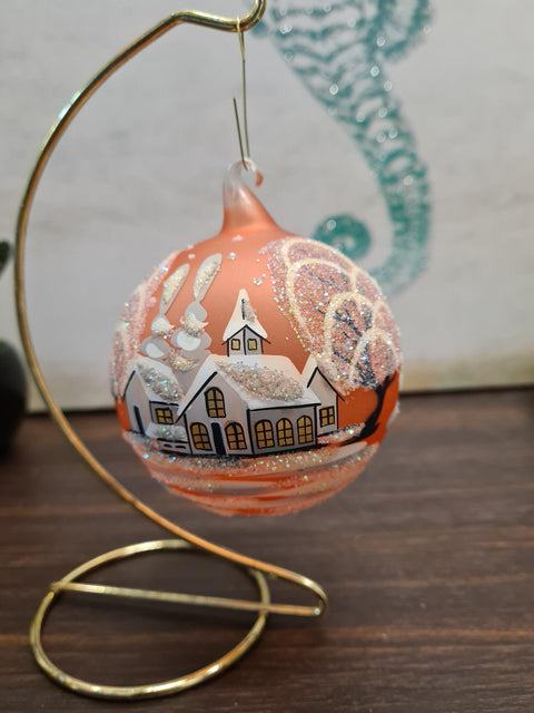 Orange Blown Glass Ornament - Handcrafted - White Church Design