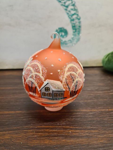 Orange Blown Glass Ornament - Handcrafted - White Church Design