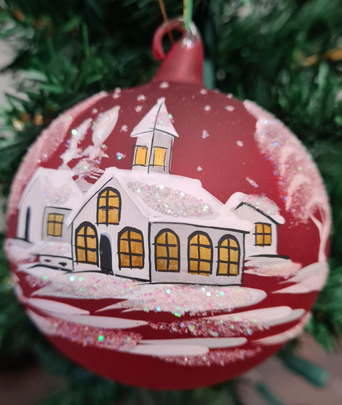 Red Blown Glass Ornament - Handcrafted - White Church Design