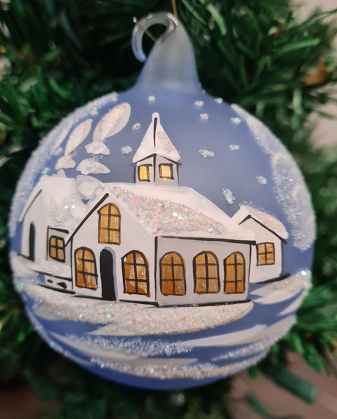 Light Blue Blown Glass Ornament - Handcrafted - White Church Design