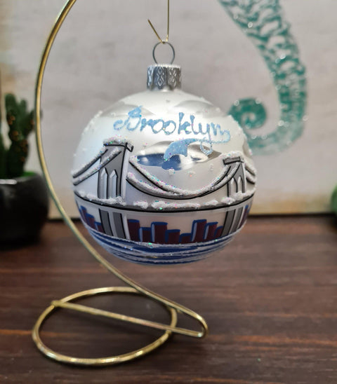 Silver Blown Glass Ornament - Handcrafted - Brooklyn Bridge Design