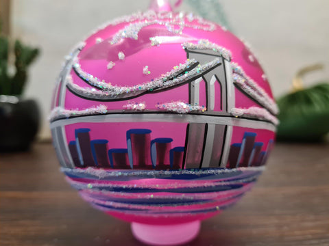 Pink Blown Glass Ornament - Handcrafted -  Brooklyn Bridge Design