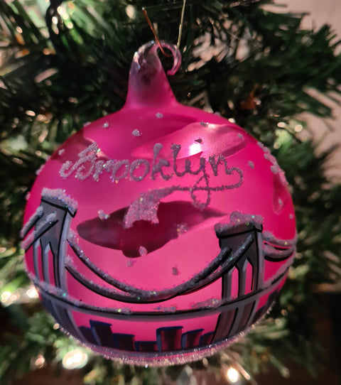 Pink Blown Glass Ornament - Handcrafted -  Brooklyn Bridge Design