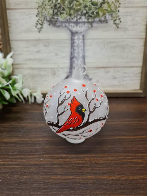 Frosted Blown Glass Ornament - Handcrafted - Red Cardinal Design