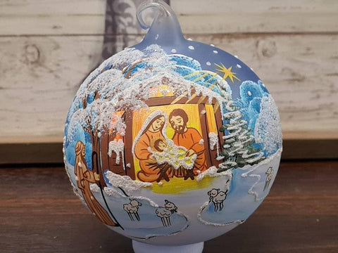 Light Blue Blown Glass Ornament - Handcrafted - Nativity Design