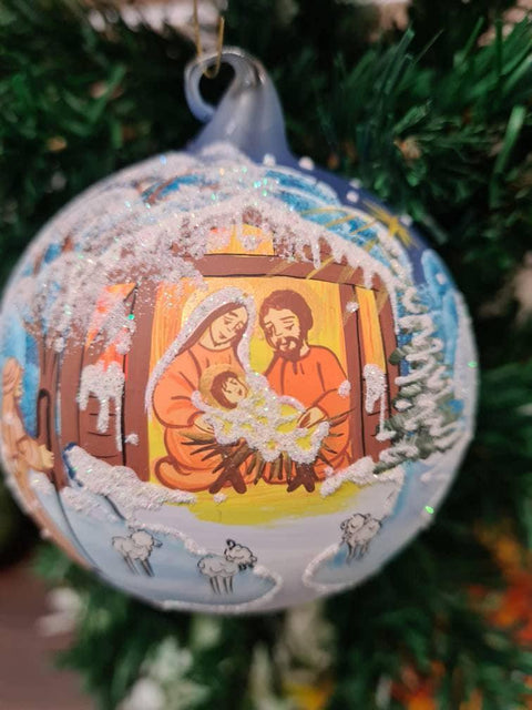 Light Blue Blown Glass Ornament - Handcrafted - Nativity Design