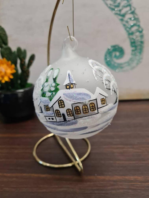 Frosted Blown Glass Ornament - Handcrafted - White Church Design