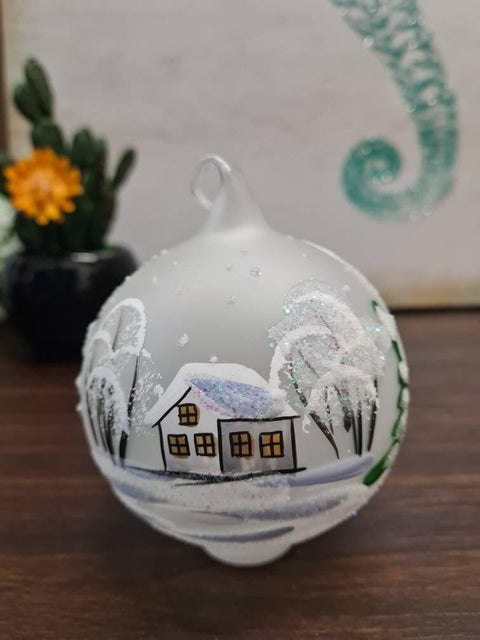 Frosted Blown Glass Ornament - Handcrafted - White Church Design