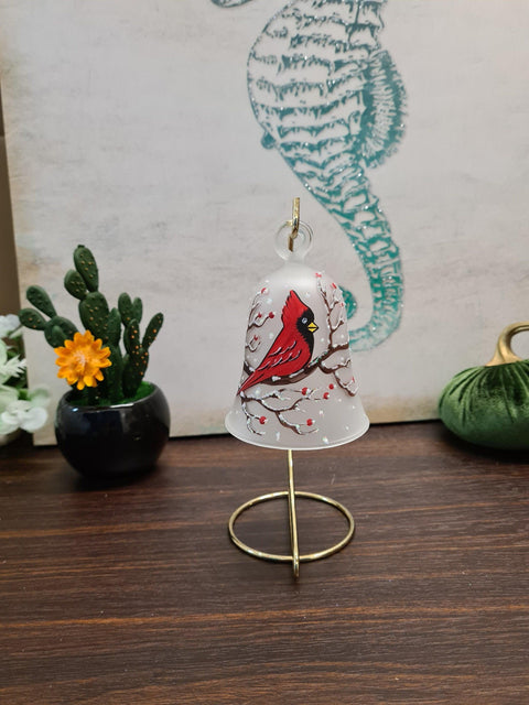 Frosted Blown Glass Bell Ornament – Red Cardinal Design with Clapper