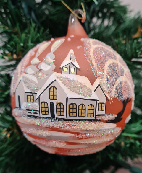 Orange Blown Glass Ornament - Handcrafted - White Church Design