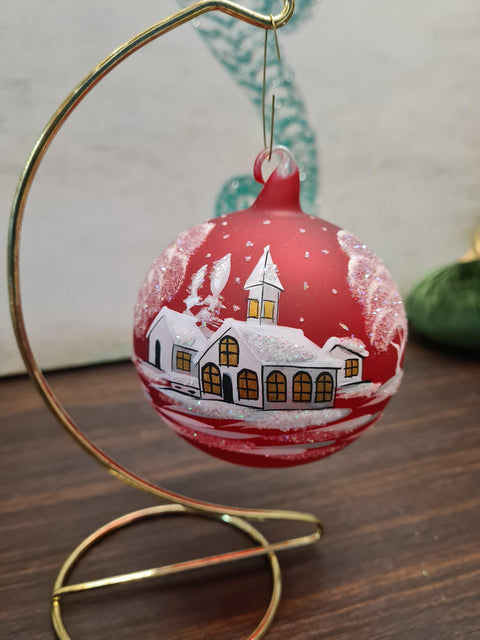 Red Blown Glass Ornament - Handcrafted - White Church Design