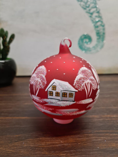 Red Blown Glass Ornament - Handcrafted - White Church Design