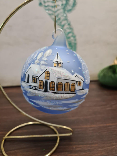 Light Blue Blown Glass Ornament - Handcrafted - White Church Design