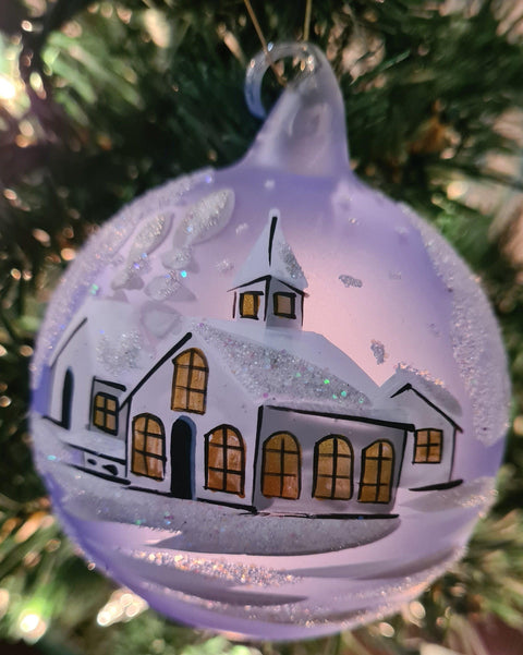 Light Blue Blown Glass Ornament - Handcrafted - White Church Design