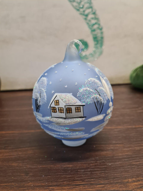 Light Blue Blown Glass Ornament - Handcrafted - White Church Design