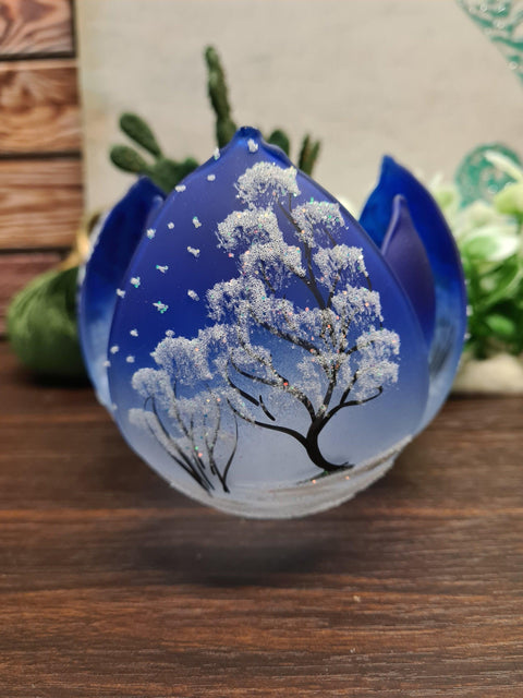 Blue Glass Lotus Blossom Candle Holder  - White Cabins