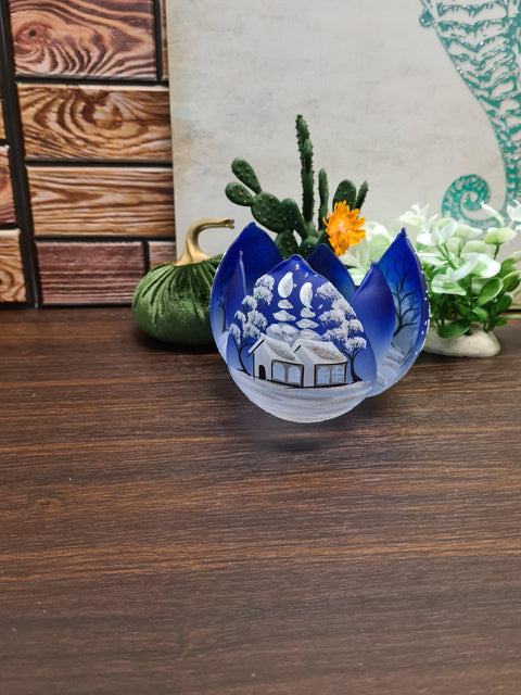 Blue Glass Lotus Blossom Candle Holder  - White Cabins