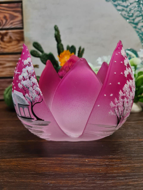 Pink Glass Lotus Blossom Candle Holder  - White Cabins