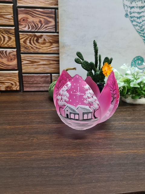 Pink Glass Lotus Blossom Candle Holder  - White Cabins