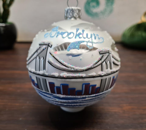 Silver Blown Glass Ornament - Handcrafted - Brooklyn Bridge Design