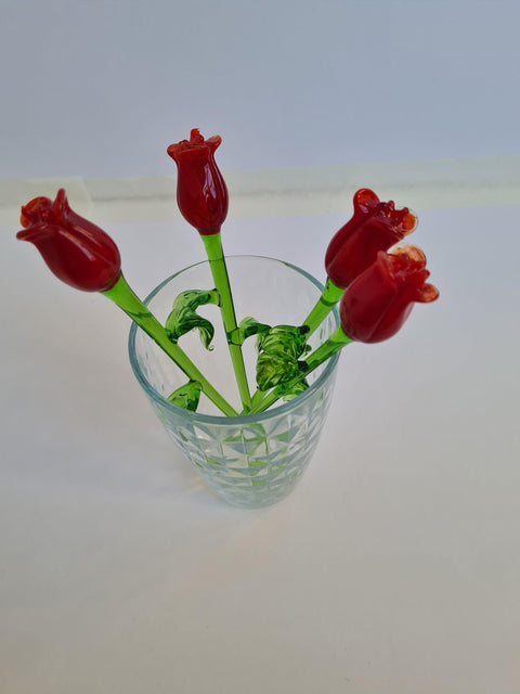 Red Glass Rose - Handcrafted Short Stem Flower