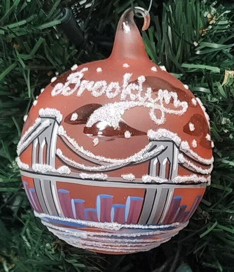 Orange Blown Glass Ornament - Handcrafted - Brooklyn Bridge Design