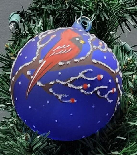 Blue Blown Glass Ornament - Handcrafted - Red Cardinal Design